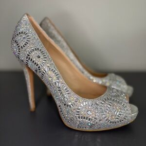 Lauren Lorraine Embellished Heels Women’s Size 9 Silver Rhinestone Peep